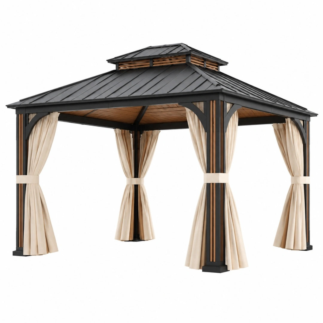 Pavillon 300 x 300 x 300 cm aus Metall Schwarz Natur mit Vorhängen und Doppeldach