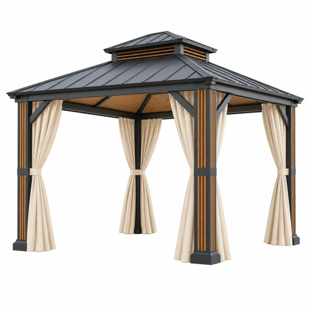 Gartenpavillon 300 x 300 x 290 cm Metall Holz Schwarz Beige mit Vorhängen