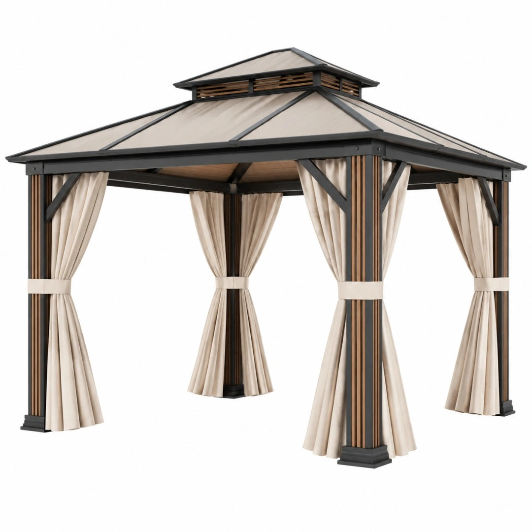 Gartenpavillon 300 x 300 cm aus Metall in Schwarz Beige mit Vorhängen und Doppeldach