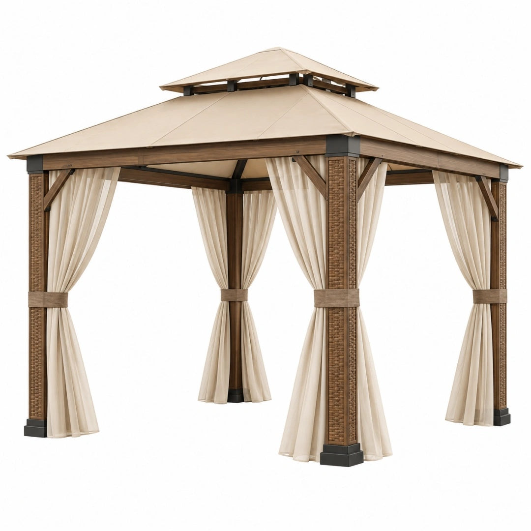 Gartenpavillon 300 x 300 x 290 cm mit Textildach Vorhängen und Holzoptik