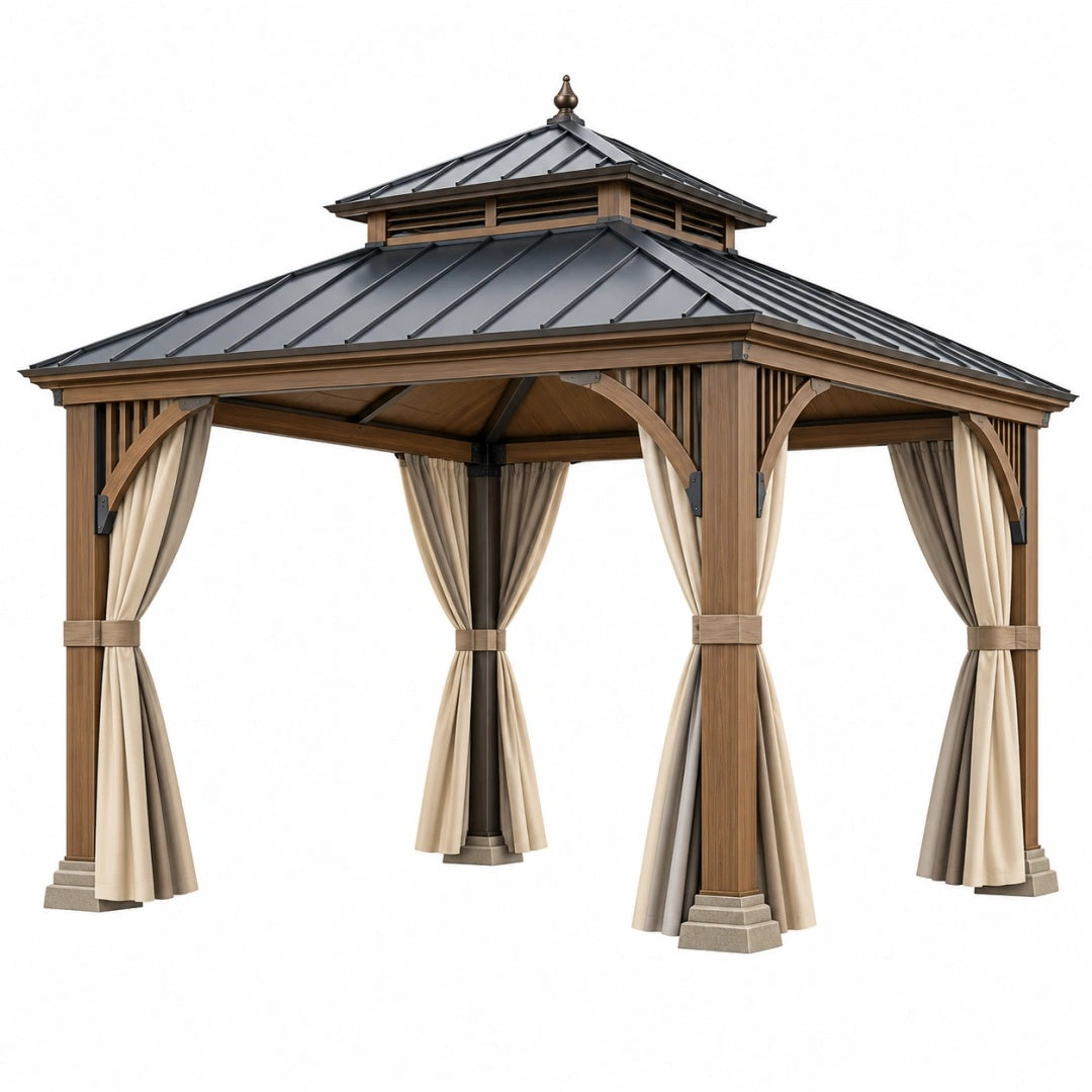 Gartenpavillon 300 x 300 x 330 cm Holz Metall Beige mit Vorhängen