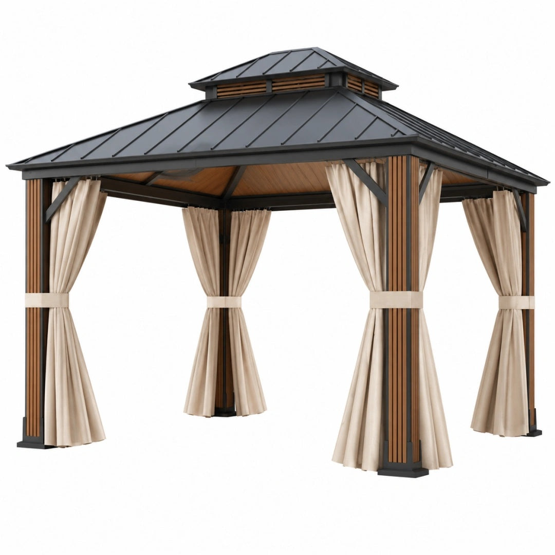 Gartenpavillon 300 x 300 x 300 cm aus Stahl in Schwarz Beige mit Vorhängen für Terrasse