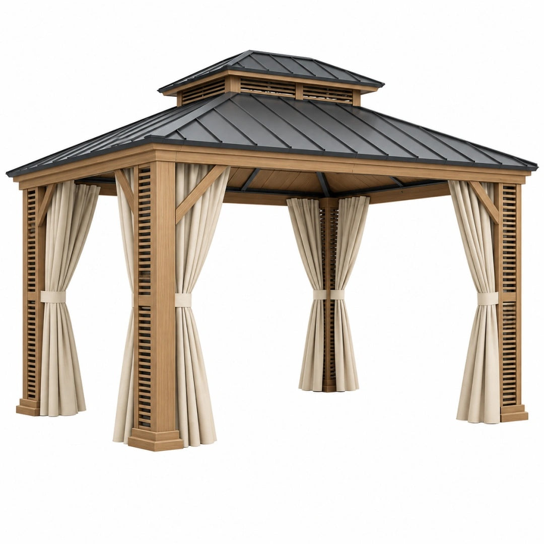 Gartenpavillon 400 x 400 x 320 cm Holz Metall Beige Anthrazit mit Vorhängen