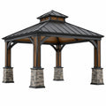 Gartenpavillon 400 x 400 cm Holz Metall Steinverkleidung Schwarz Braun mit Dach im Landhausstil