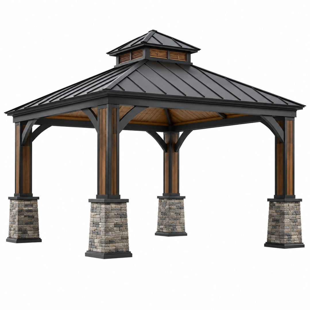Gartenpavillon 400 x 400 cm Holz Metall Steinverkleidung Schwarz Braun mit Dach im Landhausstil