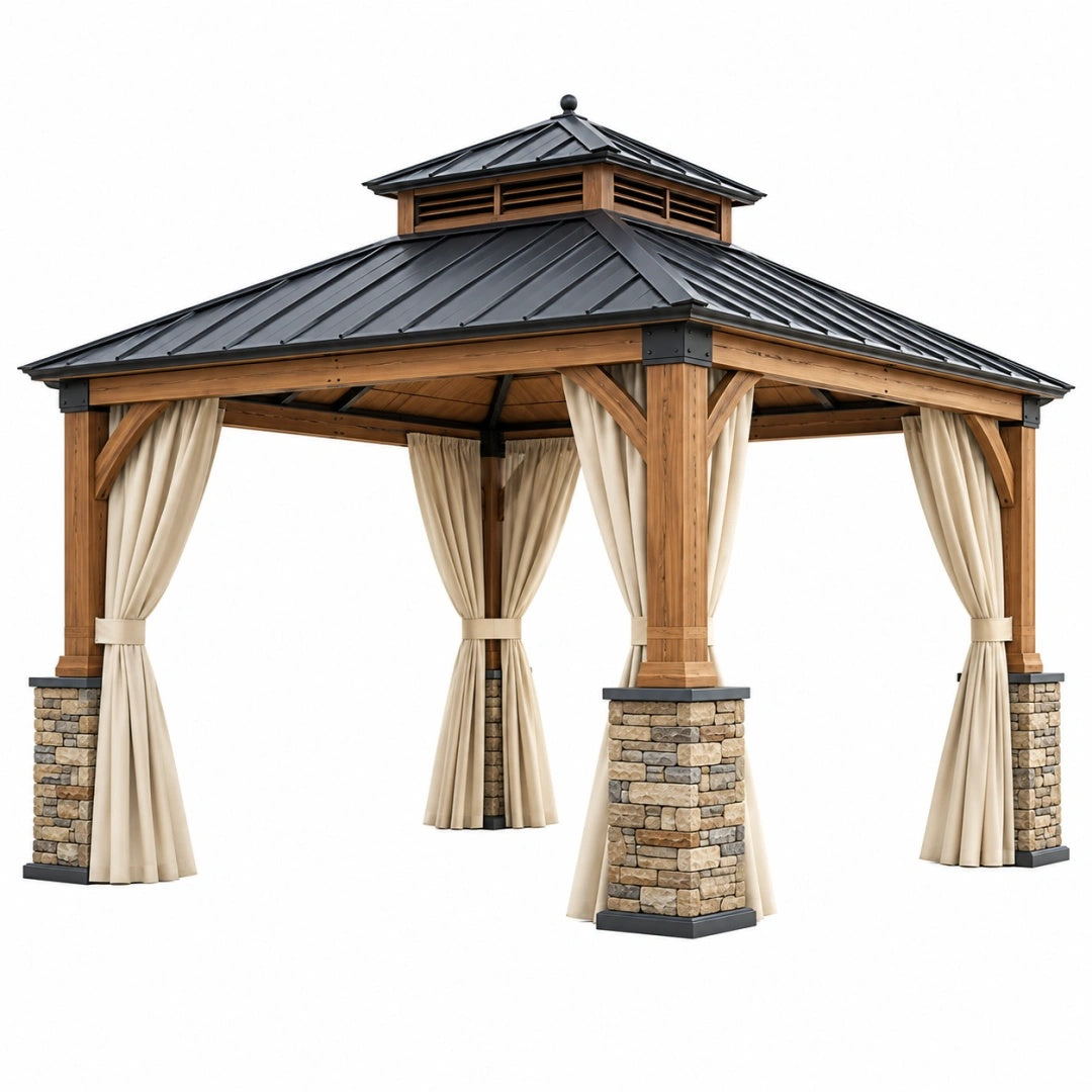 Gartenpavillon 360 x 360 x 360 cm aus Holz mit Metall Dach und Vorhängen