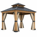 Gartenpavillon 400 x 400 cm Holz Beige Schwarz mit Metalldach und Vorhängen
