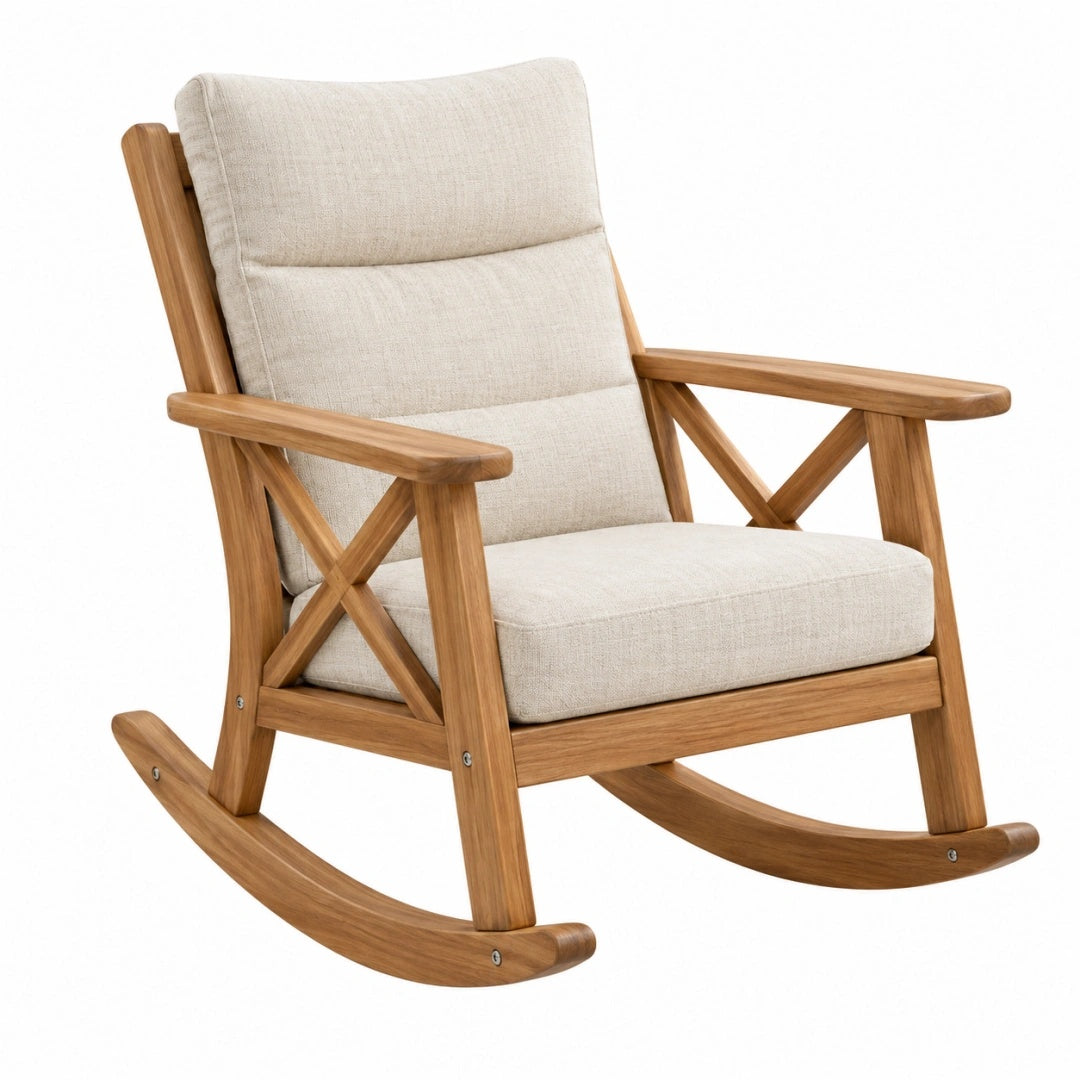 Schaukelstuhl 70 x 95 x 100 cm aus Holz mit beigem Stoffbezug im Landhausstil