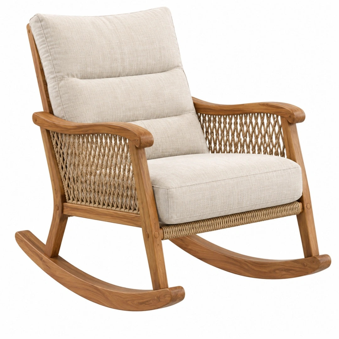 Schaukelstuhl 105 x 72 x 100 cm aus Holz Naturholz Beige mit Seilgeflecht und Polsterung im Landhausstil