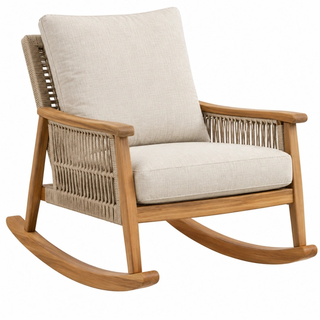 Schaukelstuhl 70 x 90 x 95 cm aus Holz in Naturbeige mit Kordelgeflecht und Polstern