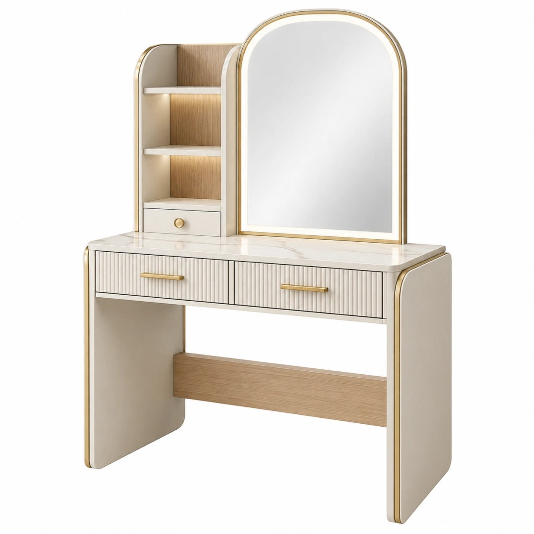 Schminktisch 100 x 45 x 150 cm aus Holzwerkstoff in Cremeweiß Naturholz und Gold mit Spiegel Schubladen und Ablagen