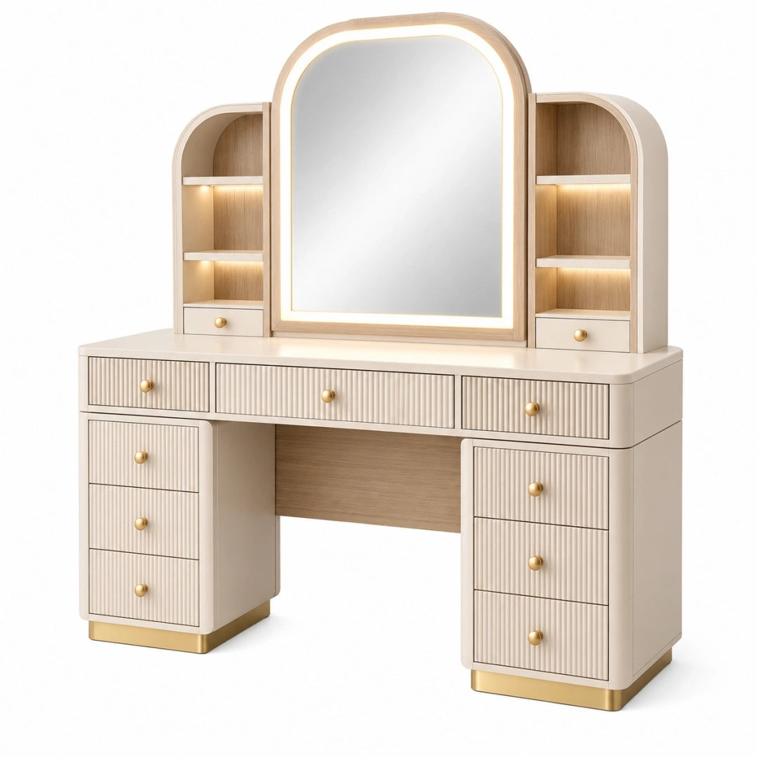 Schminktisch 140 x 50 x 160 cm aus Holzwerkstoff in Creme mit Spiegel und Beleuchtung