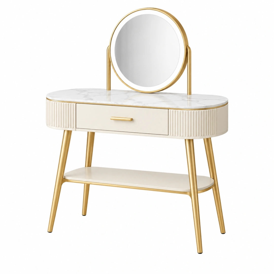 Schminktisch 100 x 45 x 140 cm Weiß Gold aus Holzwerkstoff mit Spiegel und Schublade im modernen Stil