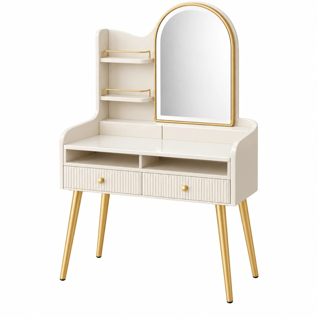 Schminktisch 80 cm Weiß Gold Holzwerkstoff mit Spiegel und Schubladen im modernen Stil