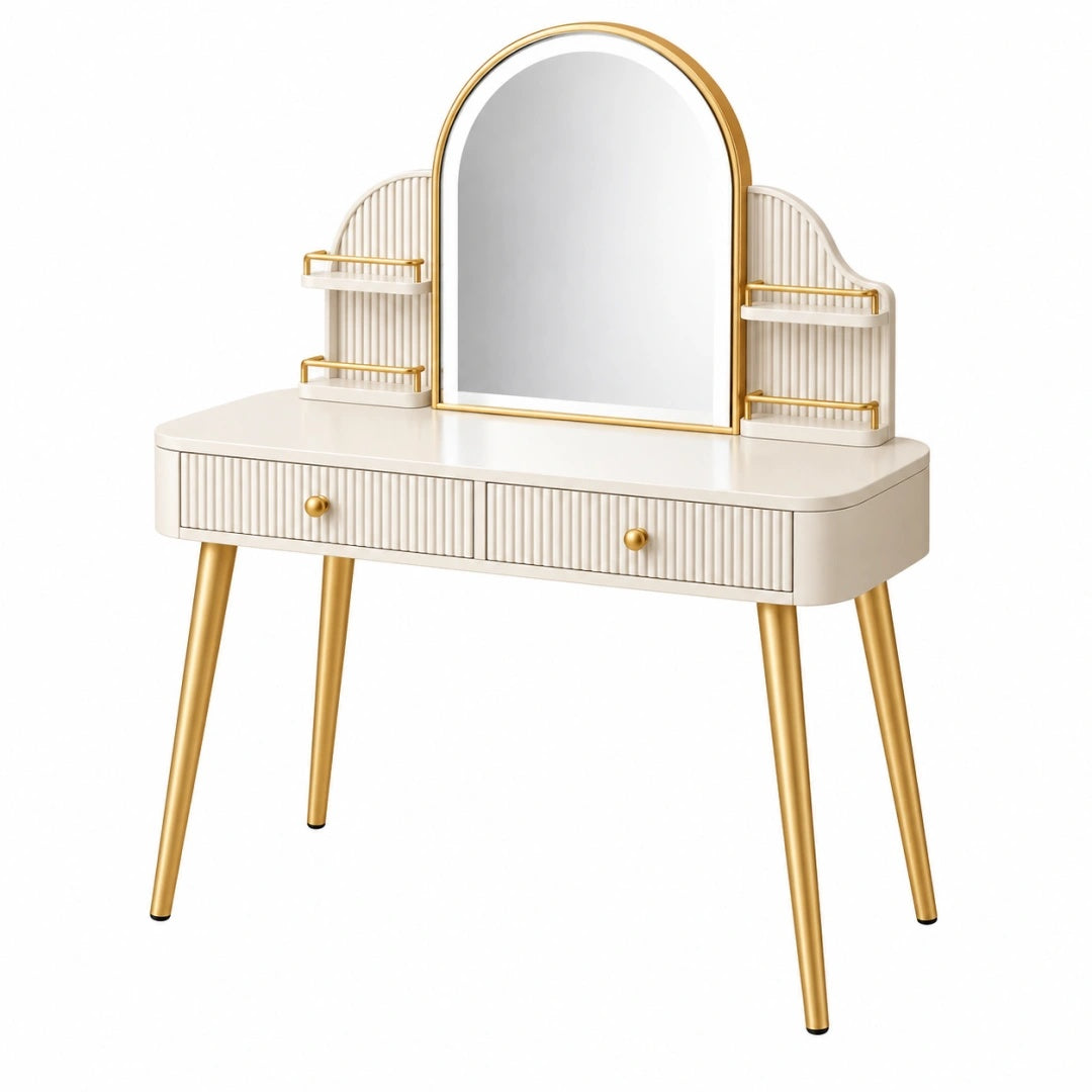 Schminktisch 100 x 40 x 145 cm in Cremeweiß und Gold mit Spiegel Schubladen und Ablagen