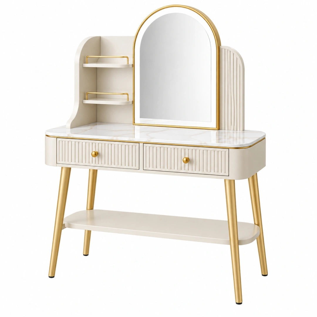 Schminktisch 100 x 45 x 150 cm Weiß Gold MDF mit Spiegel Schubladen Modern