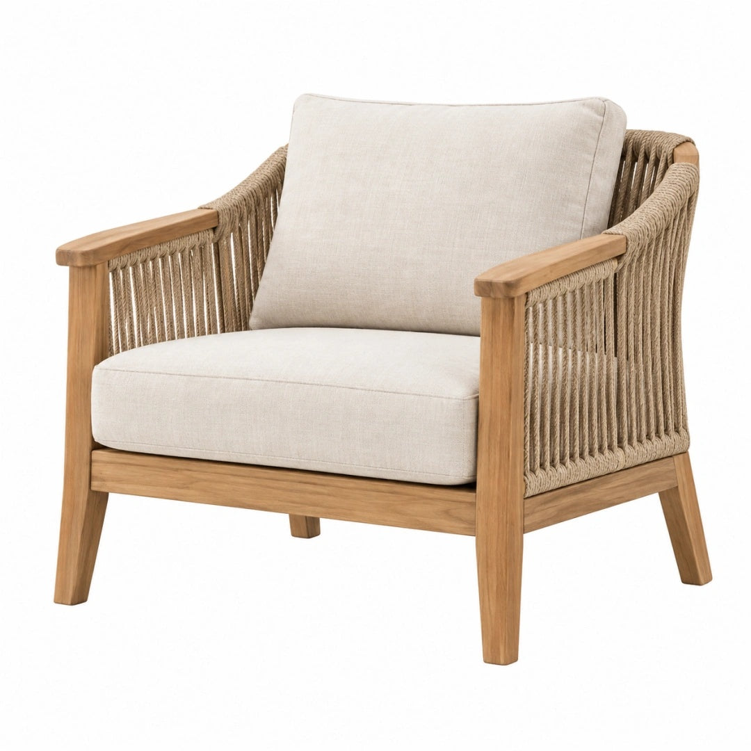 Sessel 78 x 78 x 82 cm aus Holz und Seilgeflecht in Naturbeige für Terrasse im Boho-Stil