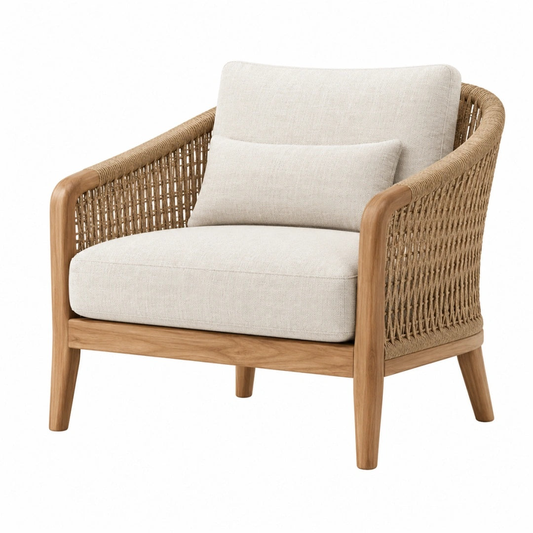 Sessel 78 x 82 x 80 cm aus Holz Geflecht und Stoff in Beige Natur - gepolsterter Loungesessel
