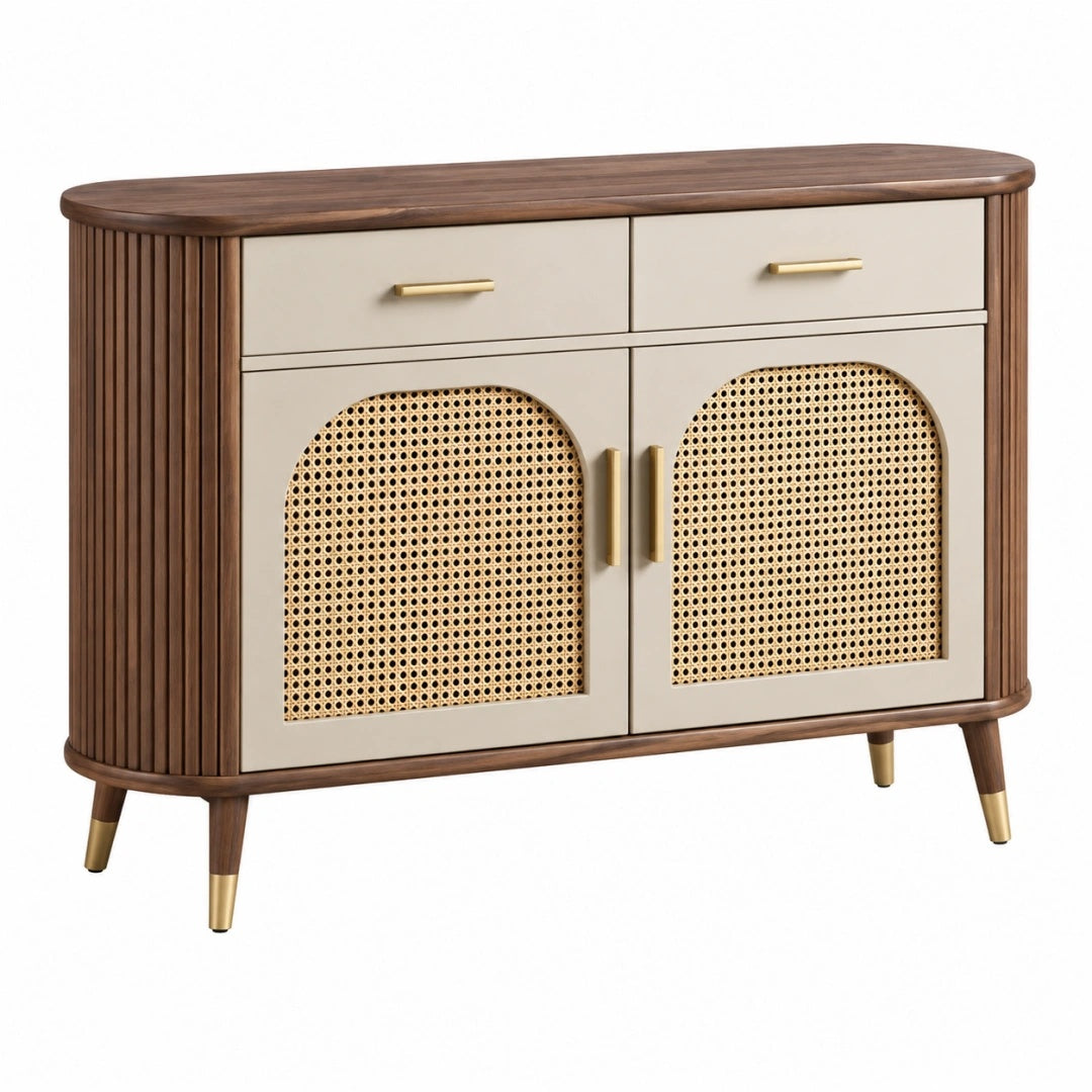 Sideboard 120 x 40 x 85 cm aus Holz in Nussbraun und Beige mit Rattangeflecht im Retro-Stil