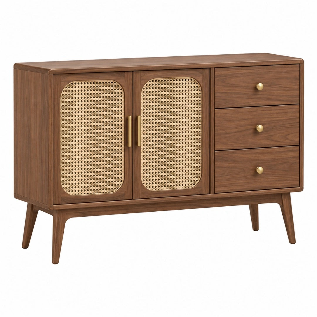Sideboard 120 x 40 x 80 cm aus Holz in Walnussbraun mit Rattangeflecht im Mid-Century-Stil