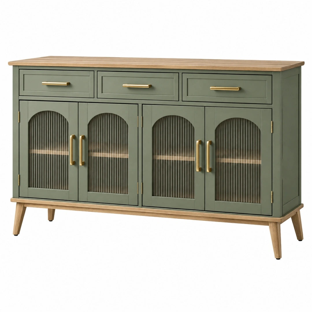 Sideboard 160 cm Holz und Riffelglas Grün Modern mit 3 Schubladen