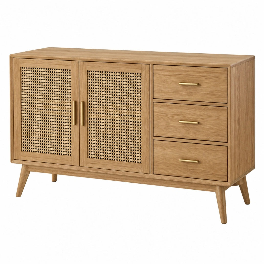 Sideboard 140 x 40 x 80 cm Holz Natur mit Rattan und 3 Schubladen