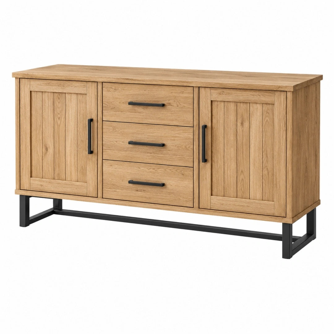 Sideboard 160 x 45 x 85 cm Holz Eiche Schwarz mit Metallgestell und 3 Schubladen
