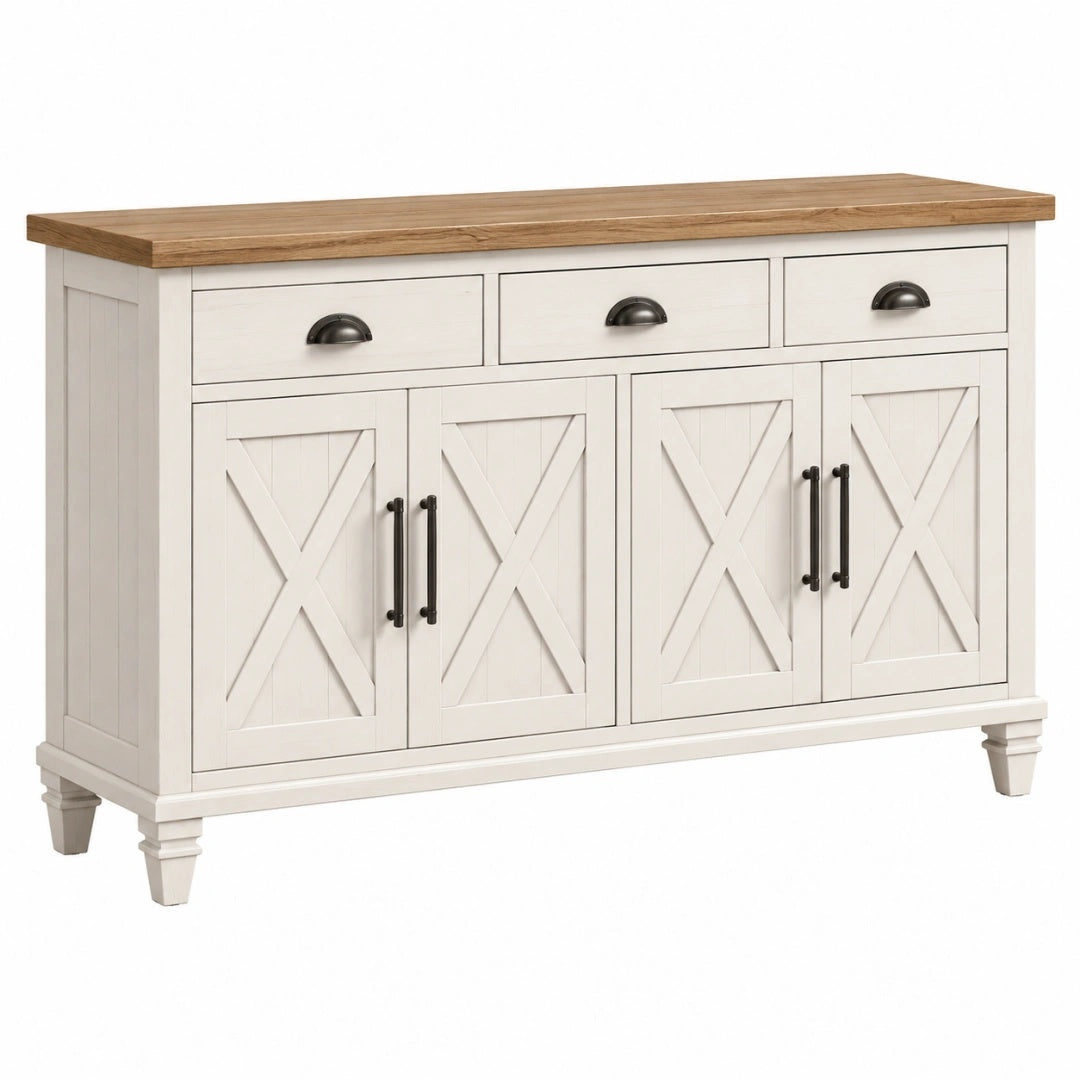 Sideboard 160 x 45 x 90 cm aus Holz Weiß/Natur mit 3 Schubladen und 4 Türen im Landhausstil
