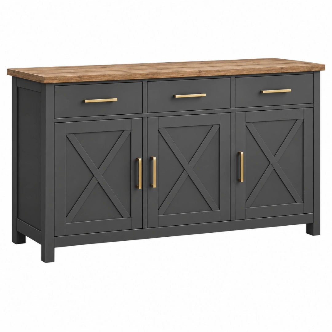 Sideboard 160 x 45 x 90 cm Holzwerkstoff Anthrazit Holzoptik mit 3 Schubladen 3 Türen im Landhausstil
