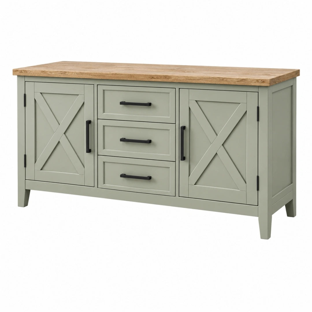 Sideboard 140 x 40 x 85 cm aus Holz in Salbeigrün mit Naturholzplatte im Landhausstil