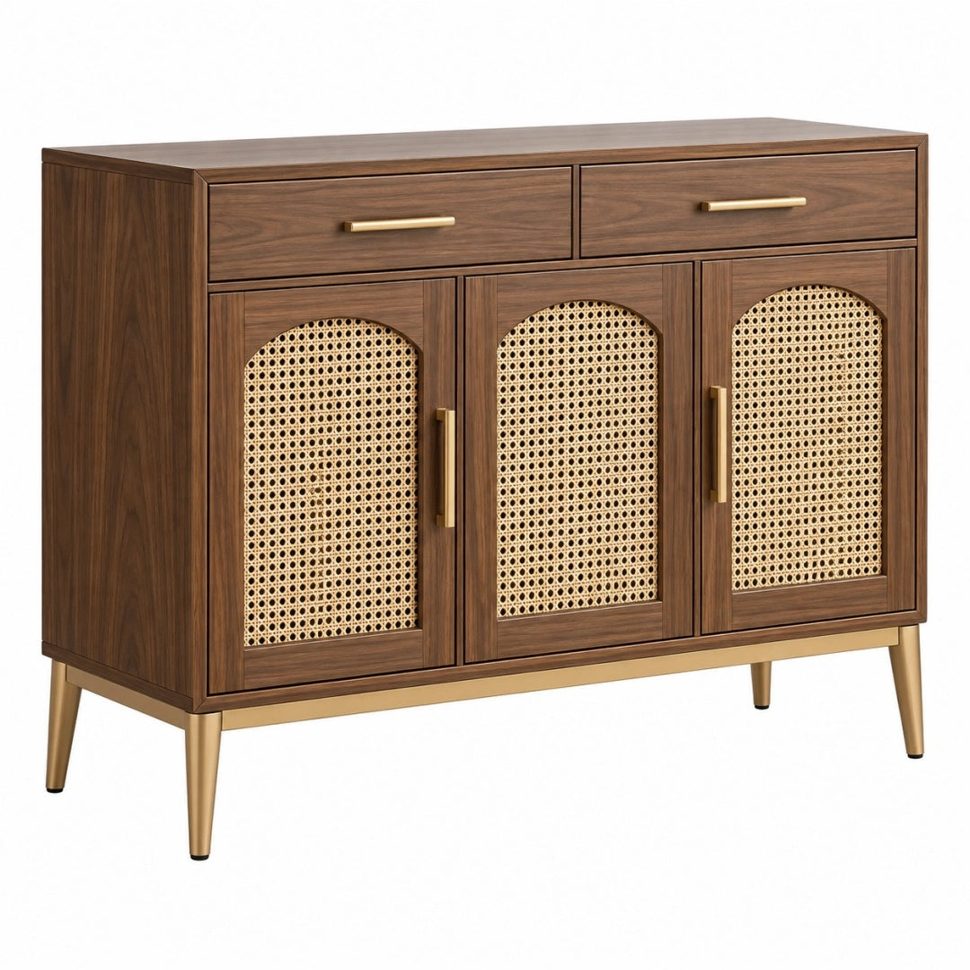 Sideboard 120 x 40 x 90 cm Holzwerkstoff Walnussbraun mit Rattanoptik und Metallfüßen