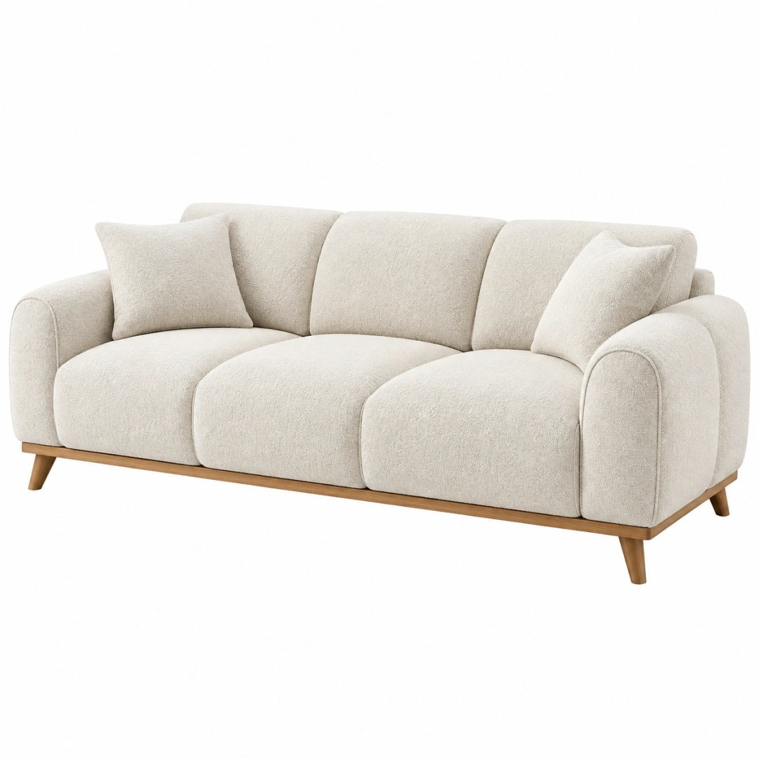 3-Sitzer Sofa 210 cm Boucléstoff Creme mit Holzfüßen Skandinavischer Stil