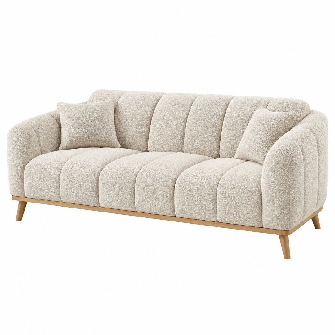 3-Sitzer Sofa 220 cm Bouclé Beige mit Holzfüßen - gepolstertes Wohnzimmermöbel