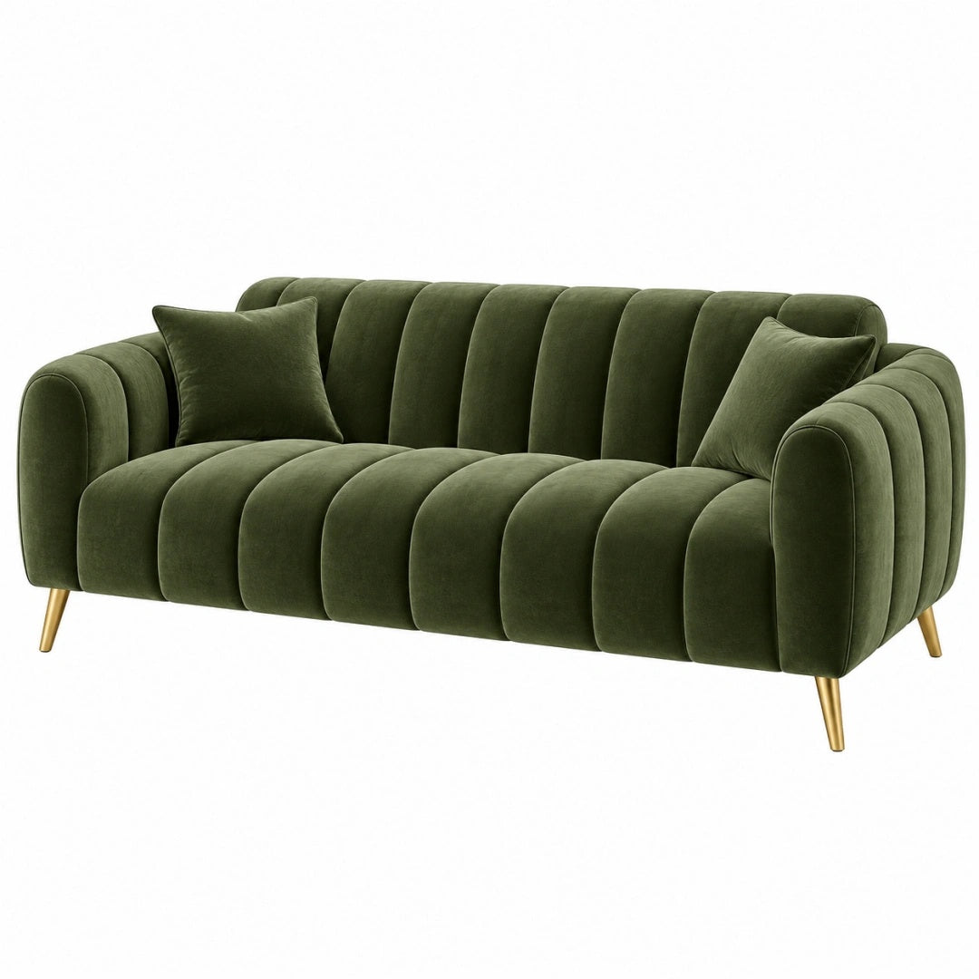 2-Sitzer-Sofa 180 cm olivgrüner Samtstoff mit goldfarbenen Metallfüßen - Chesterfield-Stil